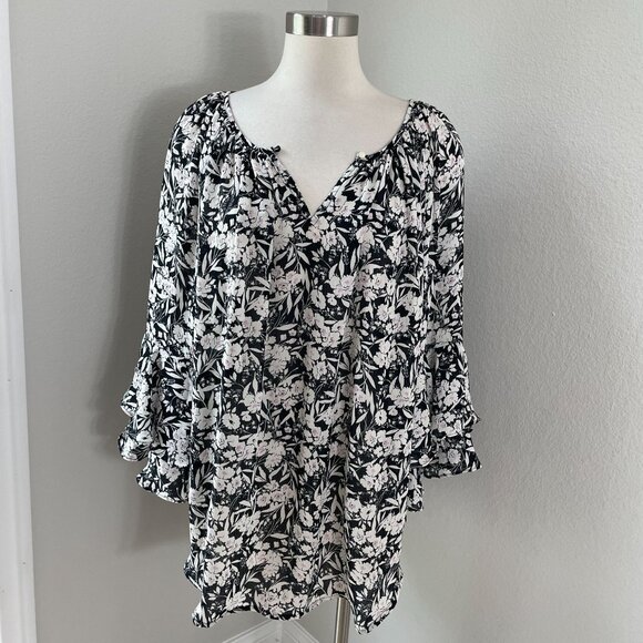 Chaps Womens Plus 2X Black White Boho Floral Ruffle Sleeve Blouse Shirt - Picture 1 of 11